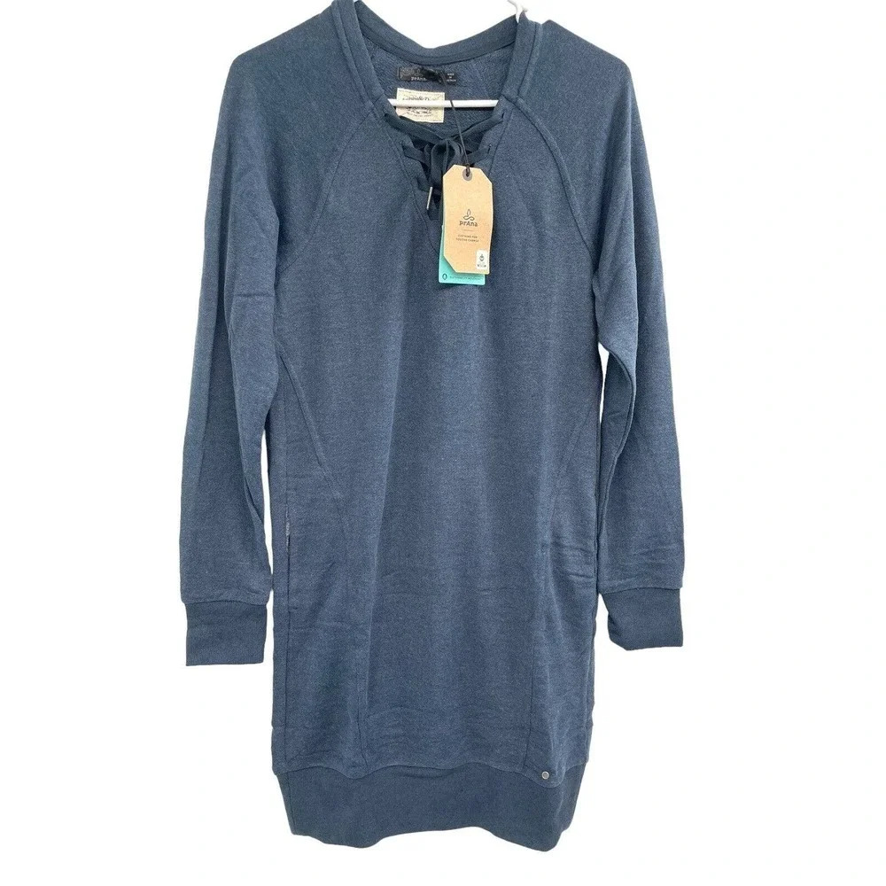 Prana Cozy Up Terry Dress Nautical Blue Long Sleeve Lace Up Relaxed Hemp XS